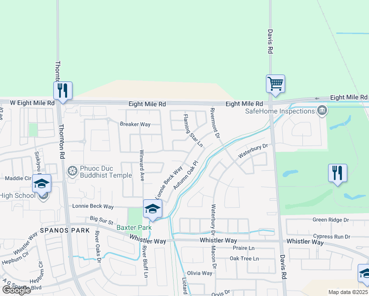 map of restaurants, bars, coffee shops, grocery stores, and more near 2111 Swainsons Hawk Street in Stockton
