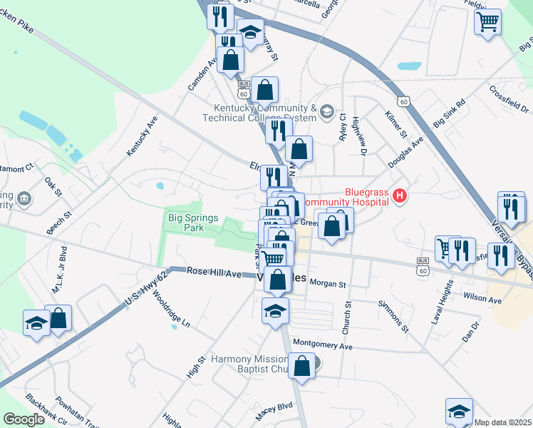 map of restaurants, bars, coffee shops, grocery stores, and more near 102 Park Street in Versailles