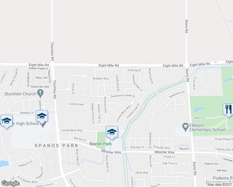 map of restaurants, bars, coffee shops, grocery stores, and more near 10709 Lands End Drive in Stockton