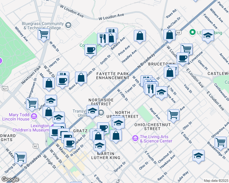 map of restaurants, bars, coffee shops, grocery stores, and more near 451 North Broadway in Lexington