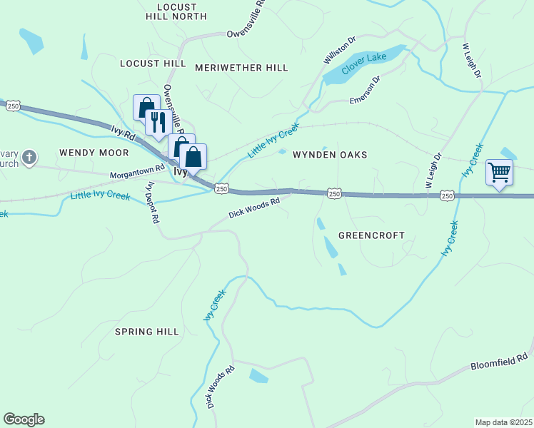 map of restaurants, bars, coffee shops, grocery stores, and more near 460 Marthas Way in Charlottesville