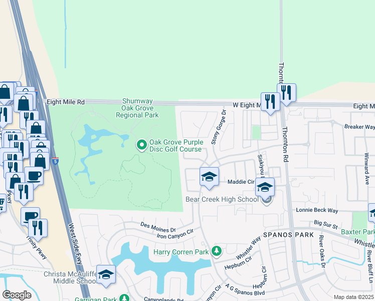 map of restaurants, bars, coffee shops, grocery stores, and more near 3883 Vancouver Circle in Stockton