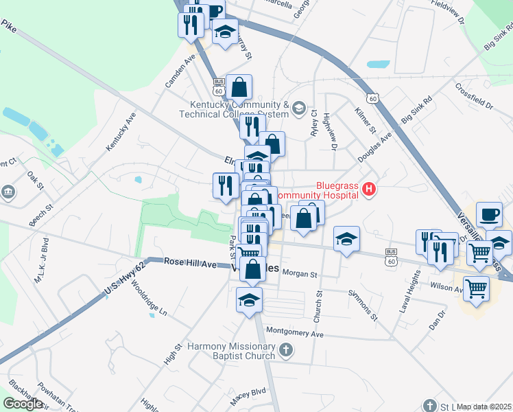 map of restaurants, bars, coffee shops, grocery stores, and more near 7a North Saint West in Versailles