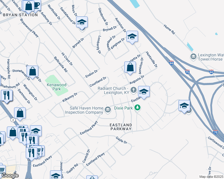 map of restaurants, bars, coffee shops, grocery stores, and more near 1645 Raleigh Road in Lexington