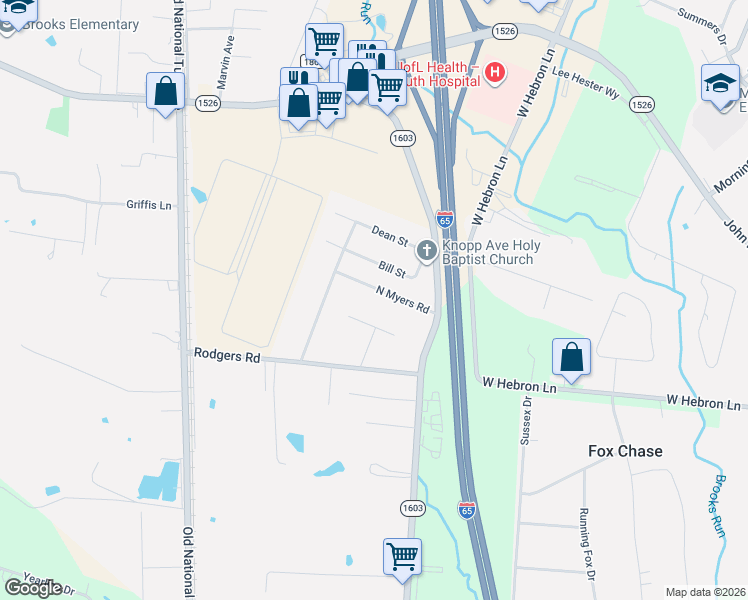 map of restaurants, bars, coffee shops, grocery stores, and more near 277 North Myers Road in Brooks