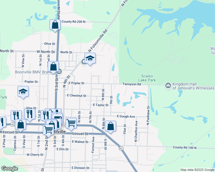 map of restaurants, bars, coffee shops, grocery stores, and more near 600-698 E Poplar St in Boonville