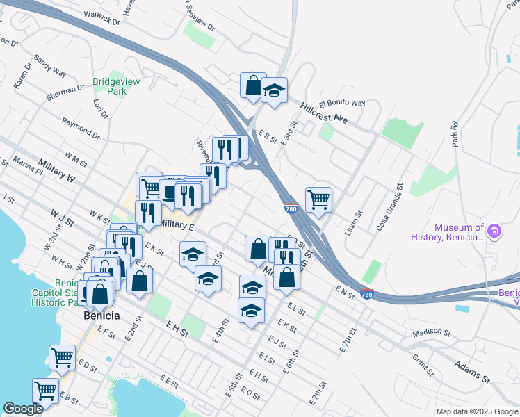 map of restaurants, bars, coffee shops, grocery stores, and more near 1525 East 3rd Street in Benicia
