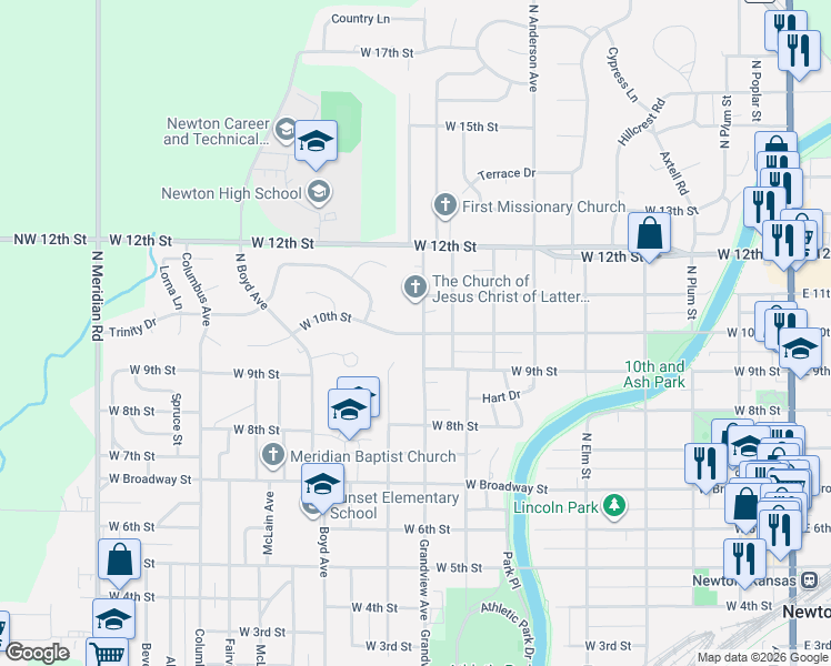 map of restaurants, bars, coffee shops, grocery stores, and more near 1100-1112 Grandview Avenue in Newton