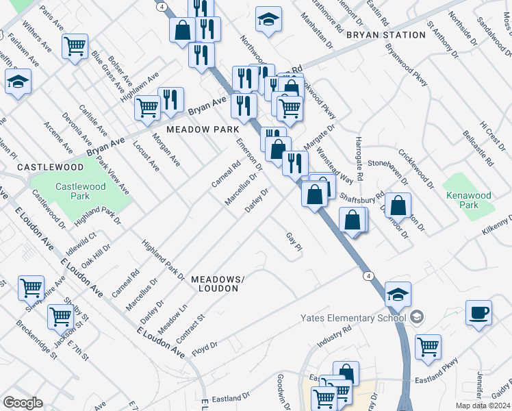 map of restaurants, bars, coffee shops, grocery stores, and more near 1048 Darley Drive in Lexington
