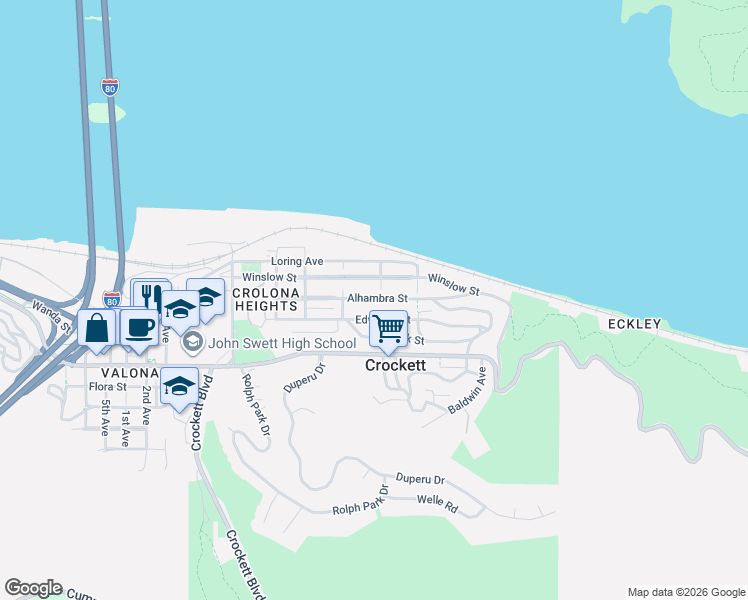 map of restaurants, bars, coffee shops, grocery stores, and more near 523 Winslow Street in Crockett