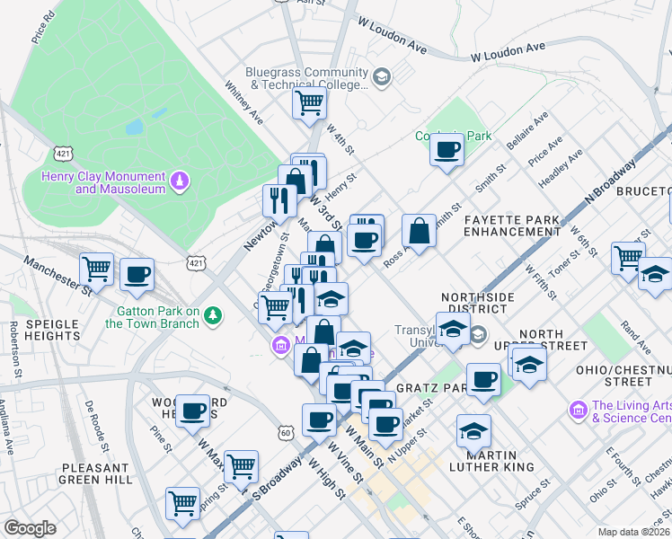 map of restaurants, bars, coffee shops, grocery stores, and more near 509 Maryland Avenue in Lexington