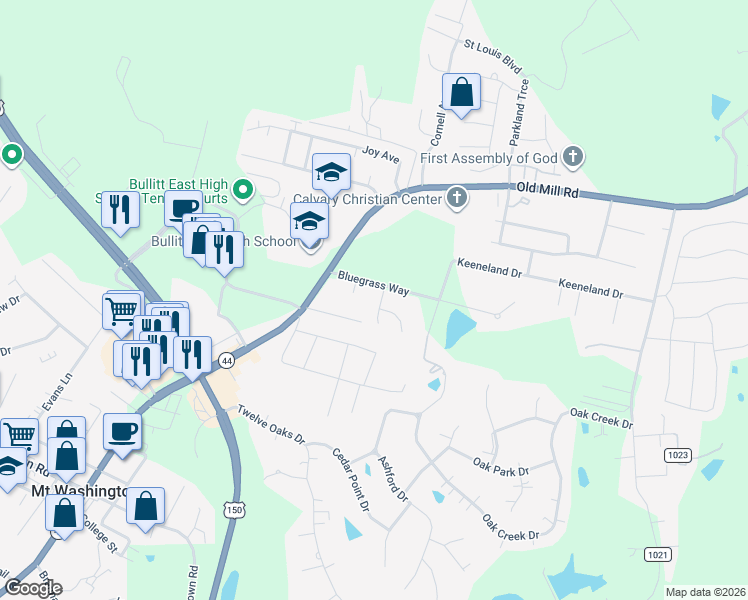 map of restaurants, bars, coffee shops, grocery stores, and more near 175 Bluegrass Way in Mount Washington