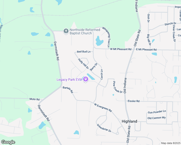 map of restaurants, bars, coffee shops, grocery stores, and more near 8403 Berry Drive in Evansville