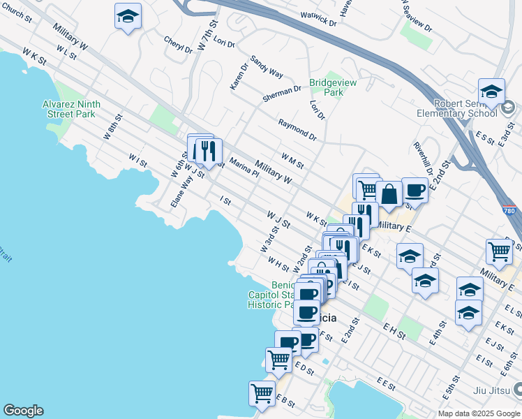 map of restaurants, bars, coffee shops, grocery stores, and more near 371 West J Street in Benicia