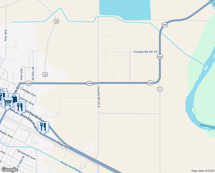 map of restaurants, bars, coffee shops, grocery stores, and more near 20580 Colorado 266 in Rocky Ford