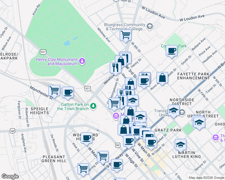 map of restaurants, bars, coffee shops, grocery stores, and more near 167 Old Georgetown Street in Lexington