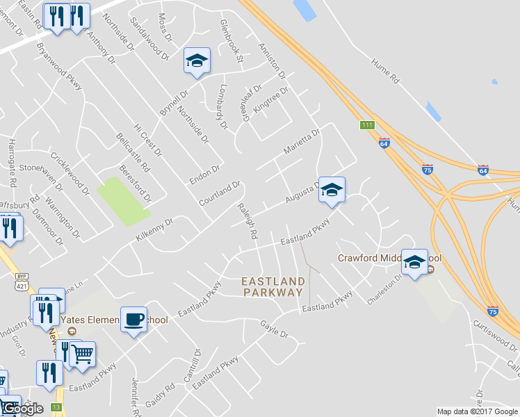 map of restaurants, bars, coffee shops, grocery stores, and more near 1839 Augusta Drive in Lexington