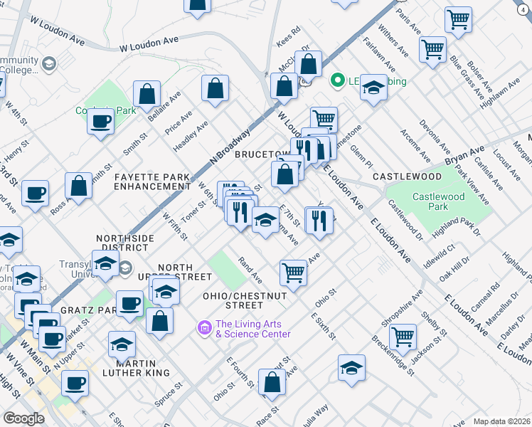map of restaurants, bars, coffee shops, grocery stores, and more near 664 North Limestone in Lexington