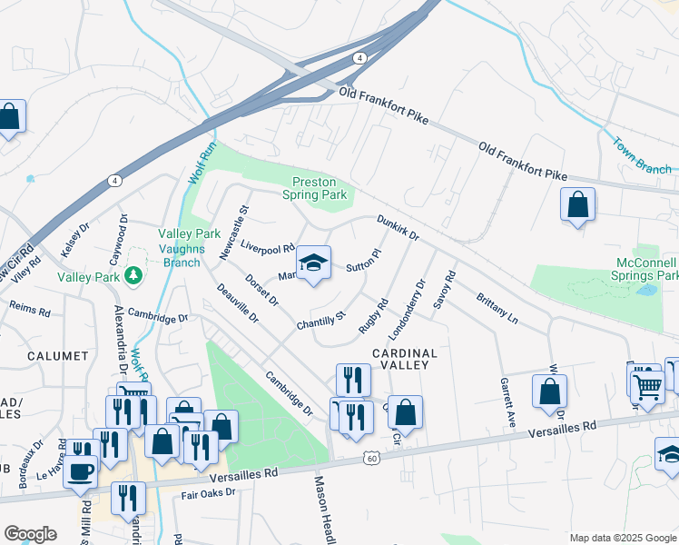 map of restaurants, bars, coffee shops, grocery stores, and more near 108 Sutton Place in Lexington