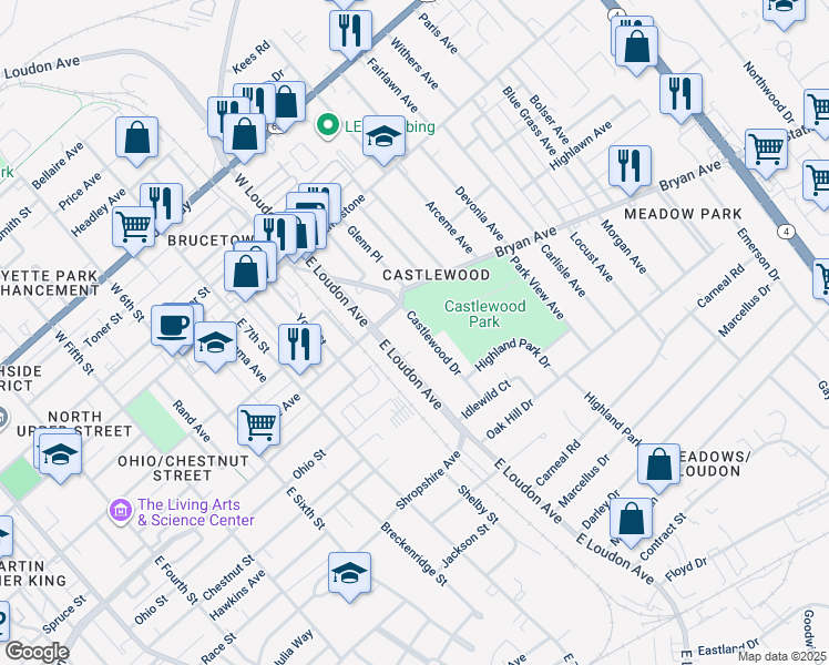 map of restaurants, bars, coffee shops, grocery stores, and more near 212 Castlewood Drive in Lexington