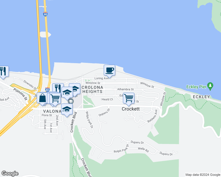 map of restaurants, bars, coffee shops, grocery stores, and more near 630 Alhambra Street in Crockett