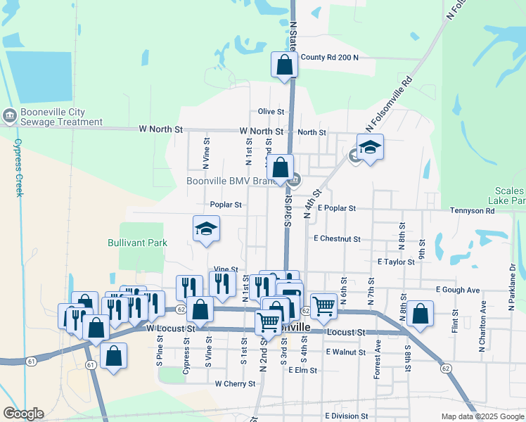 map of restaurants, bars, coffee shops, grocery stores, and more near 616 North 2nd Street in Boonville