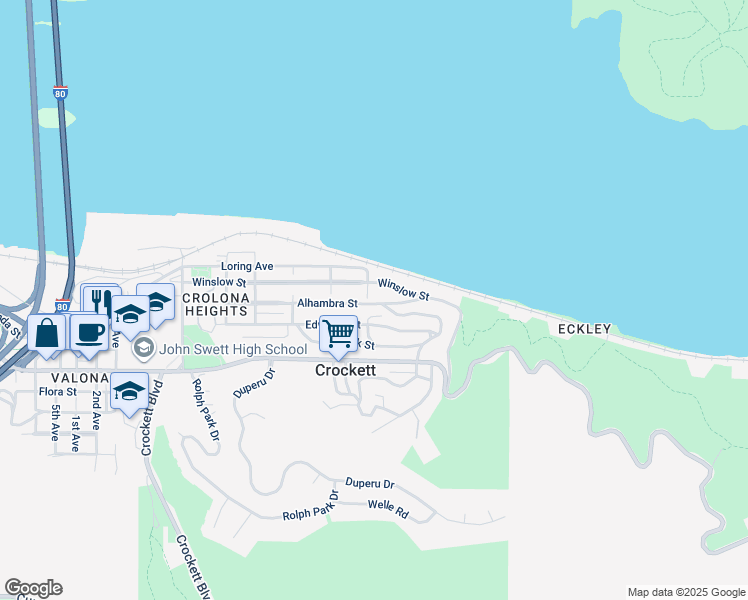 map of restaurants, bars, coffee shops, grocery stores, and more near 380 Alhambra Street in Crockett