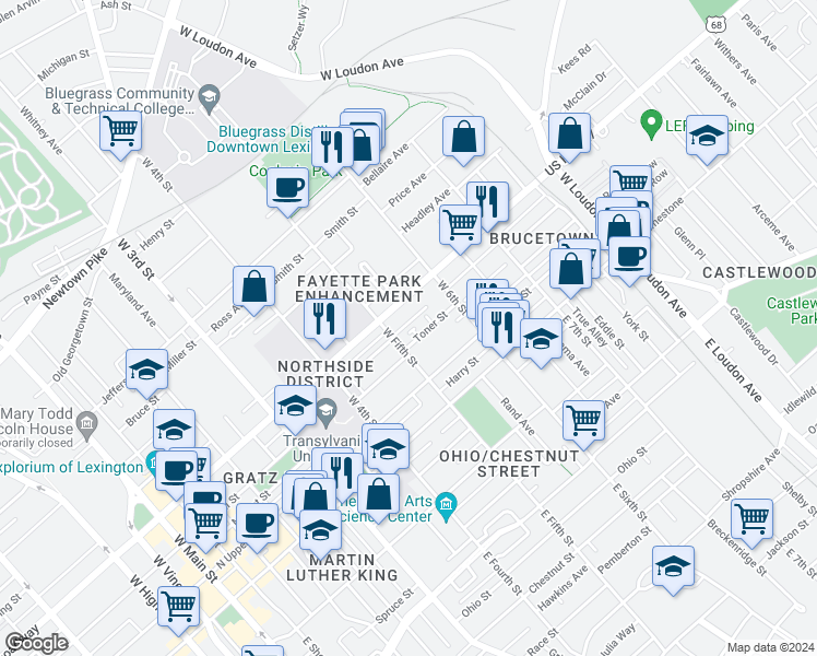 map of restaurants, bars, coffee shops, grocery stores, and more near 107 Harken Court in Lexington