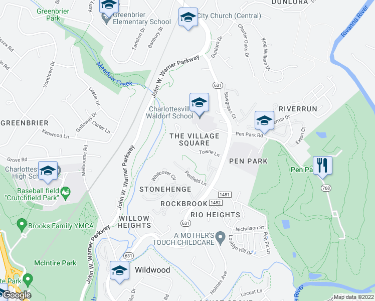 map of restaurants, bars, coffee shops, grocery stores, and more near 1053 Towne Lane in Charlottesville