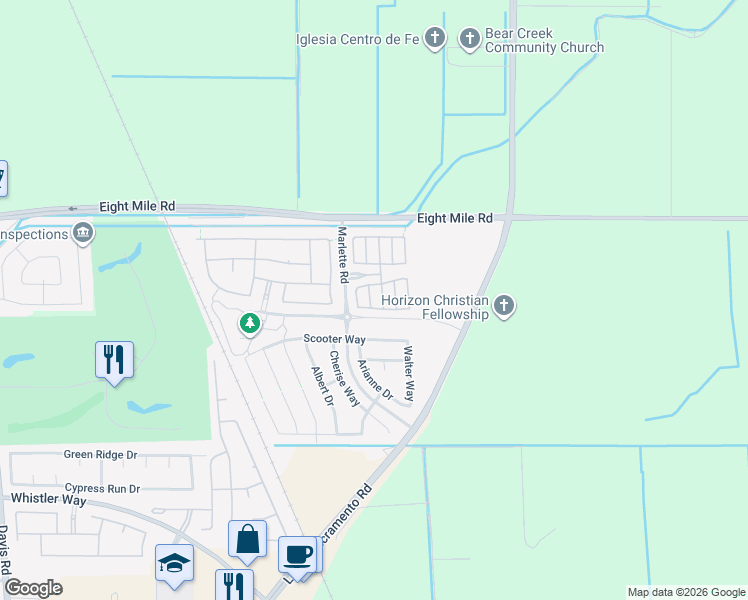 map of restaurants, bars, coffee shops, grocery stores, and more near 10734 Martini Drive in Stockton