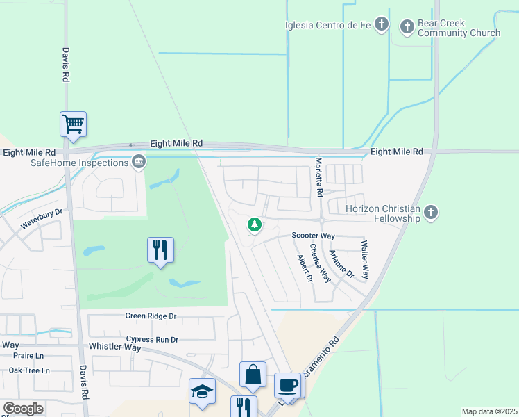 map of restaurants, bars, coffee shops, grocery stores, and more near 10714 Montrouge Way in Stockton