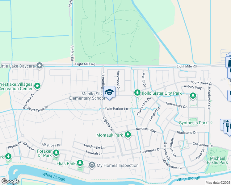 map of restaurants, bars, coffee shops, grocery stores, and more near 6680 Crestview Circle in Stockton