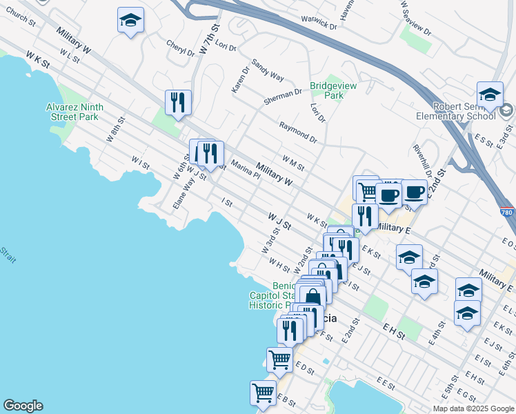 map of restaurants, bars, coffee shops, grocery stores, and more near 401 West J Street in Benicia