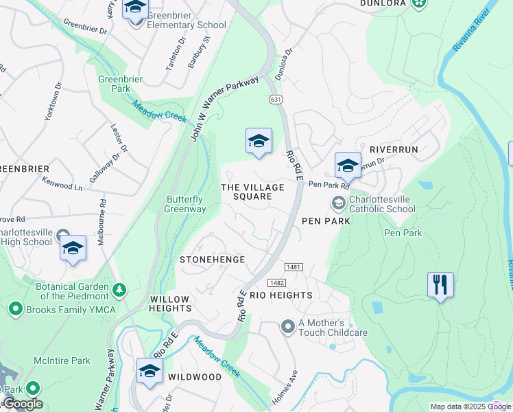 map of restaurants, bars, coffee shops, grocery stores, and more near 1058 Towne Lane in Charlottesville