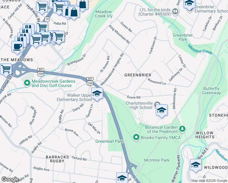 map of restaurants, bars, coffee shops, grocery stores, and more near 1608 Grove Road in Charlottesville