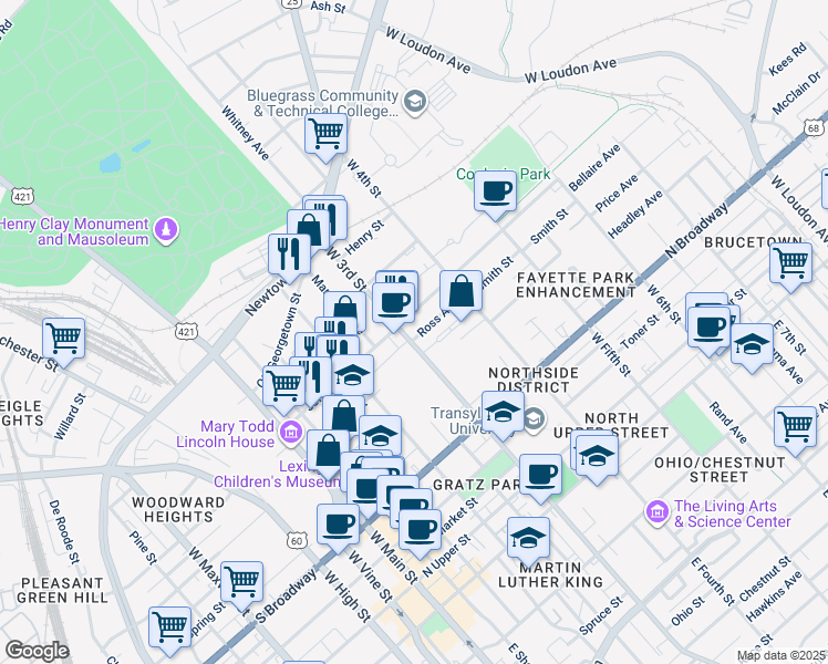 map of restaurants, bars, coffee shops, grocery stores, and more near 489 West 3rd Street in Lexington