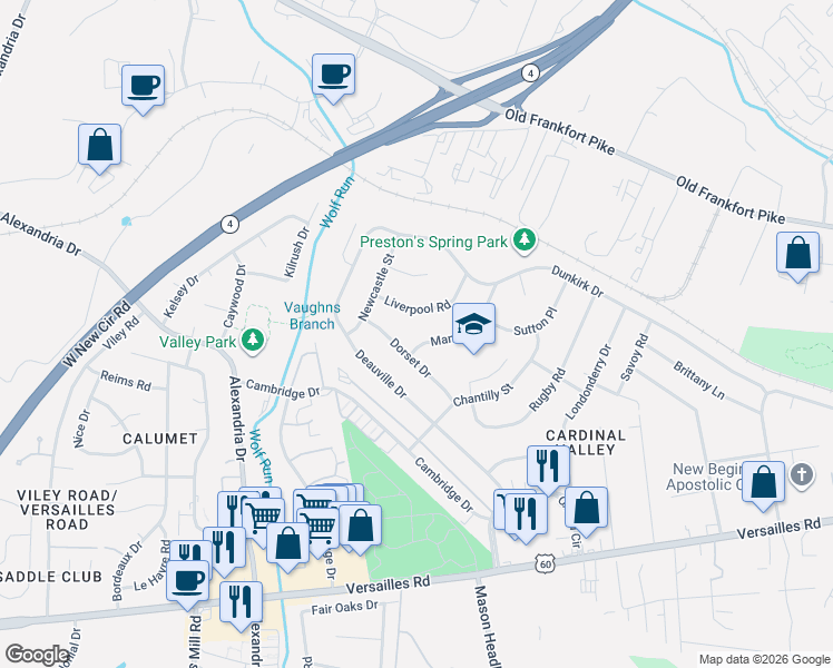 map of restaurants, bars, coffee shops, grocery stores, and more near 224 Liverpool Road in Lexington