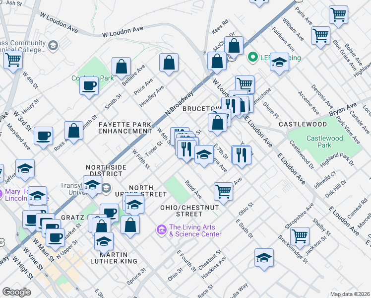 map of restaurants, bars, coffee shops, grocery stores, and more near 632 North Upper Street in Lexington