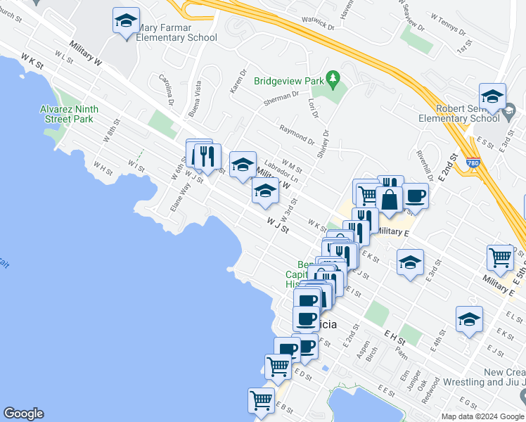 map of restaurants, bars, coffee shops, grocery stores, and more near 369 West J Street in Benicia