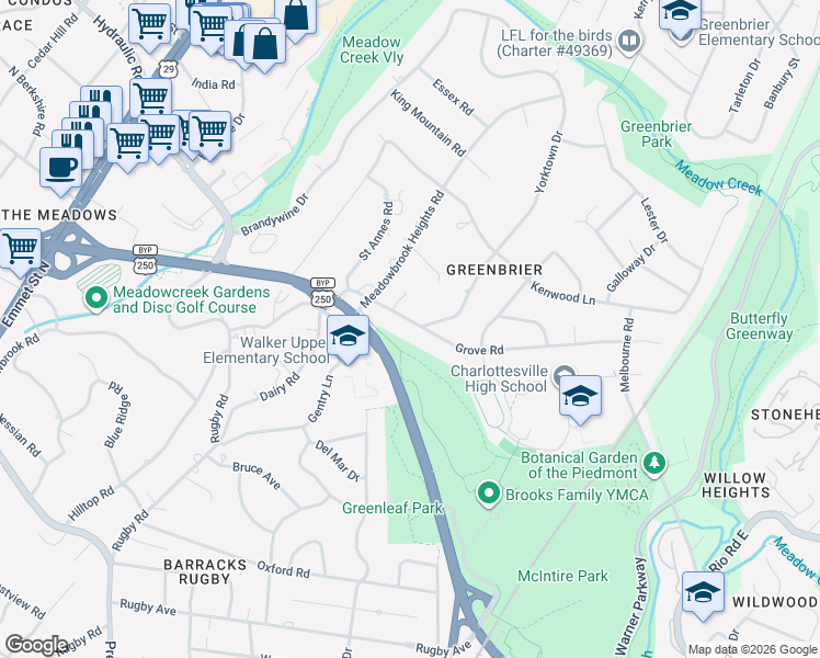 map of restaurants, bars, coffee shops, grocery stores, and more near 1608 Grove Road in Charlottesville