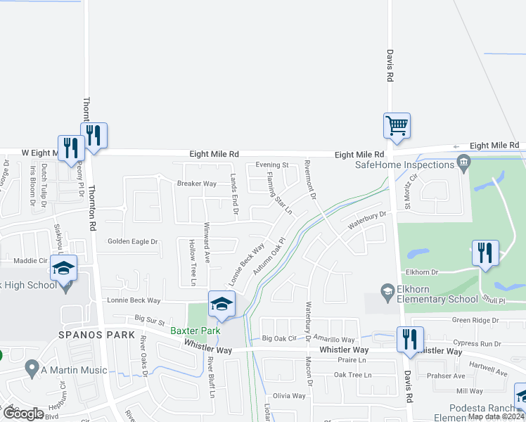 map of restaurants, bars, coffee shops, grocery stores, and more near 2120 Bright Star Place in Stockton
