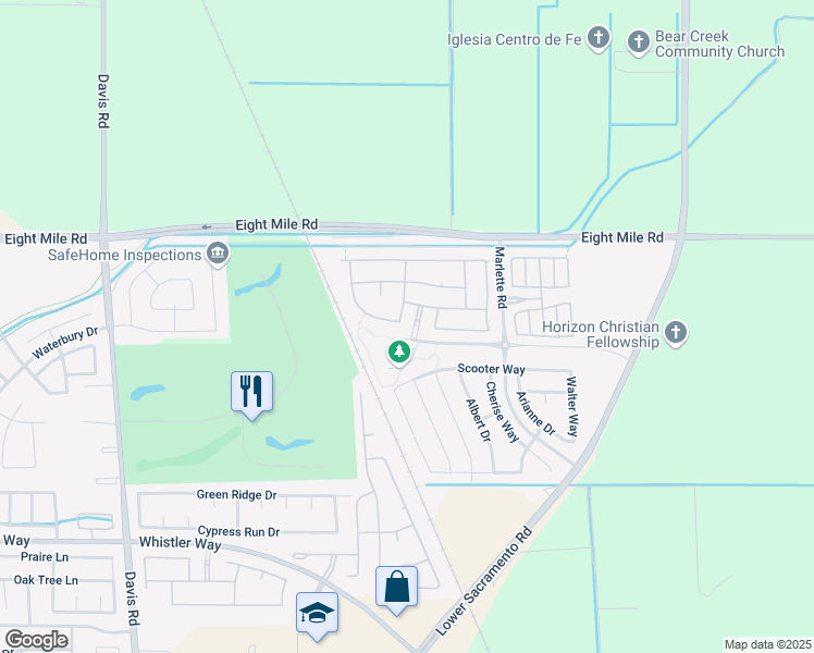 map of restaurants, bars, coffee shops, grocery stores, and more near 10714 Montrouge Way in Stockton