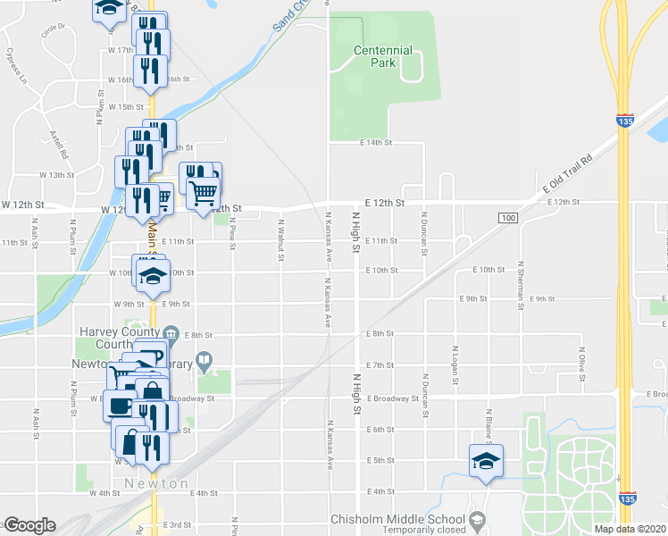 map of restaurants, bars, coffee shops, grocery stores, and more near 502 East 10th Street in Newton