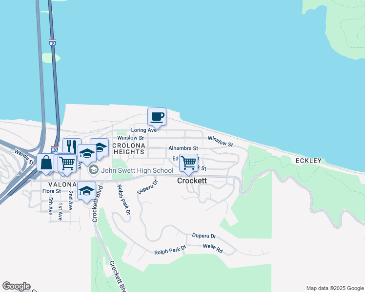 map of restaurants, bars, coffee shops, grocery stores, and more near 500 Alhambra Street in Crockett