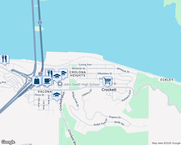 map of restaurants, bars, coffee shops, grocery stores, and more near 656 Alhambra Street in Crockett