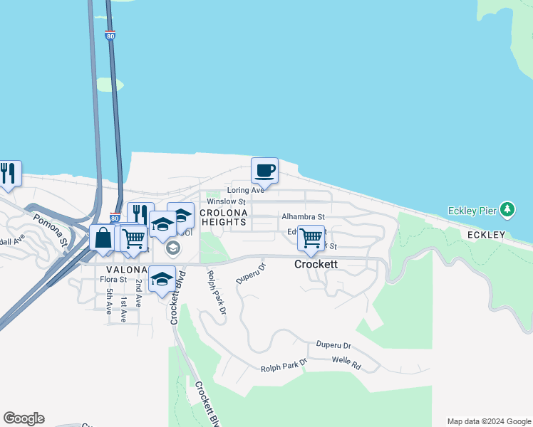 map of restaurants, bars, coffee shops, grocery stores, and more near 632 Alhambra Street in Crockett