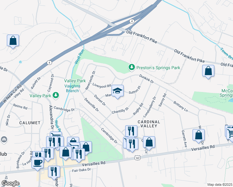 map of restaurants, bars, coffee shops, grocery stores, and more near 218 Mandalay Road in Lexington
