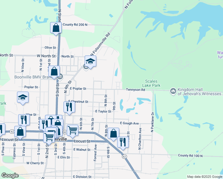 map of restaurants, bars, coffee shops, grocery stores, and more near 698 E Poplar St in Boonville