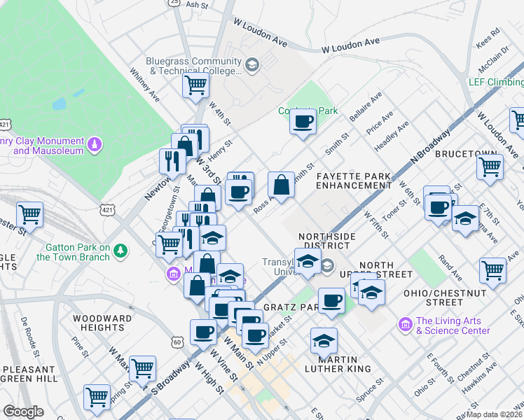 map of restaurants, bars, coffee shops, grocery stores, and more near 489 West 3rd Street in Lexington