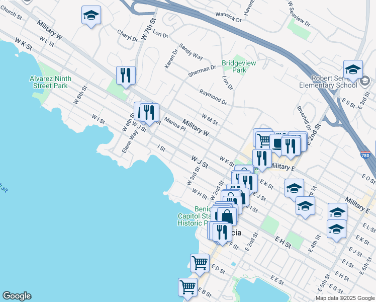 map of restaurants, bars, coffee shops, grocery stores, and more near 340 West K Street in Benicia